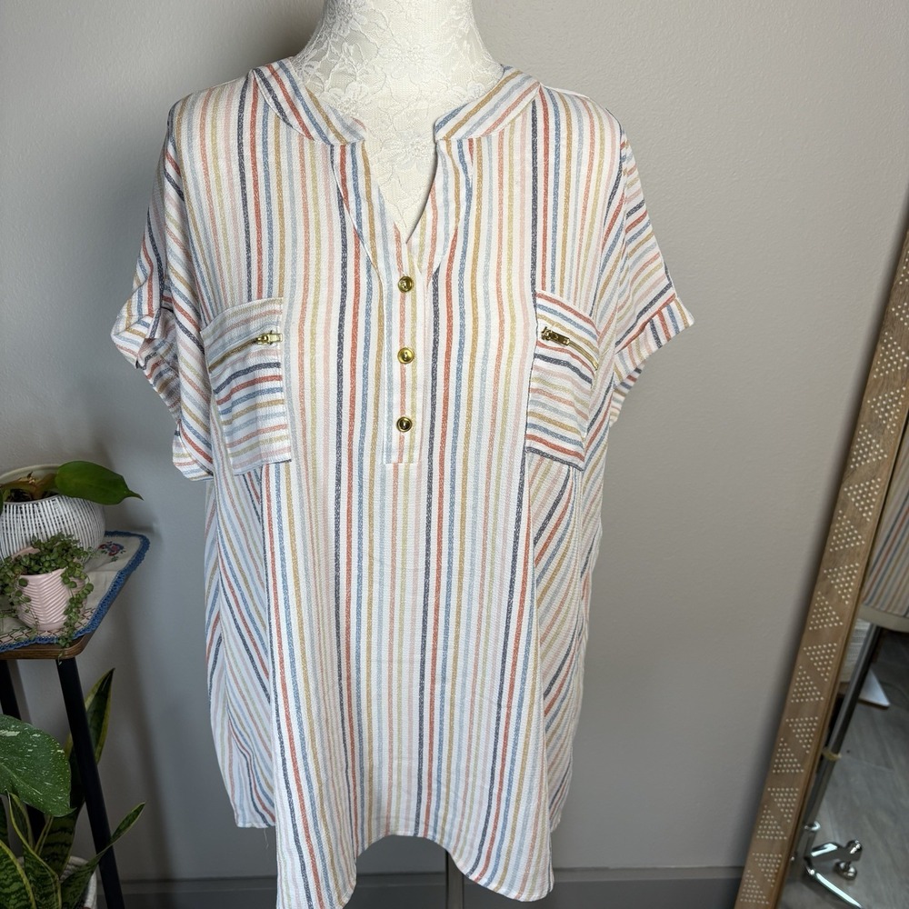 Flower & Feather Womens 3XL Multicolor Blouse Boho Striped Textured Knit
